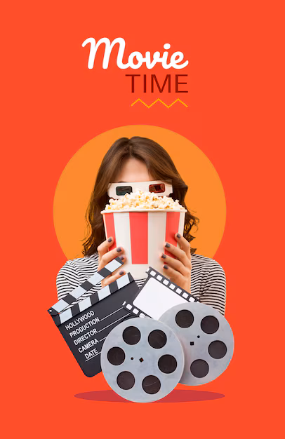 collage about movie time with popcorn